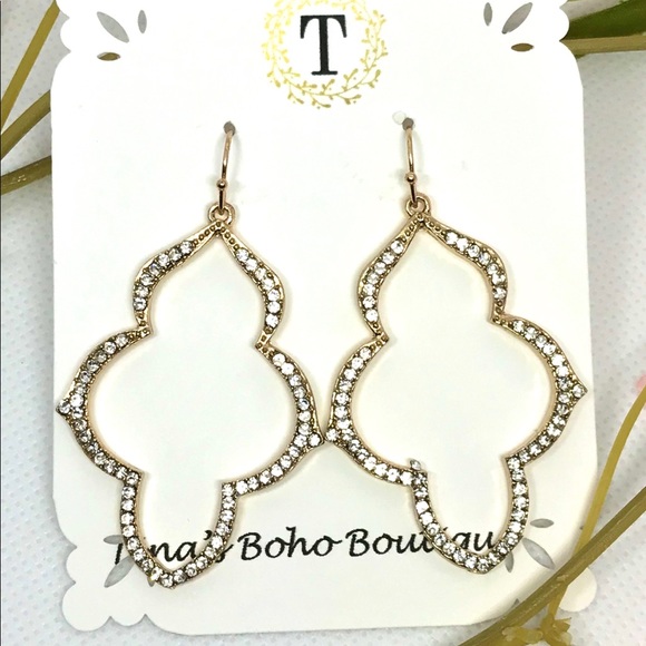 NEW πΈπ Rhinestone Quatrefoil Gold Drop Earring - Picture 2 of 4